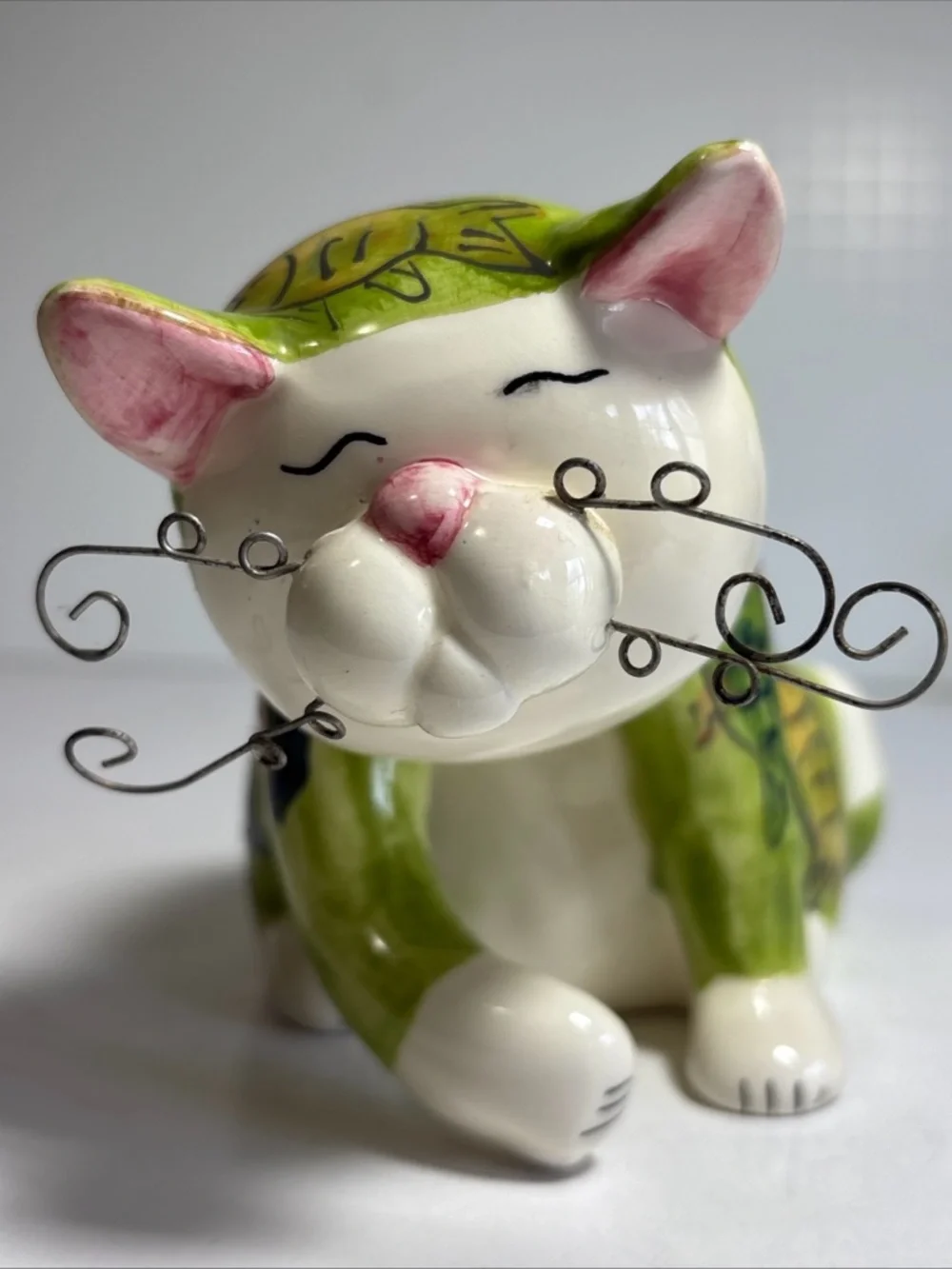 DEI Dennis East Intl Whimsical Cat, Green With Fish Pattern and Wire Whiskers - Picture 6 of 10